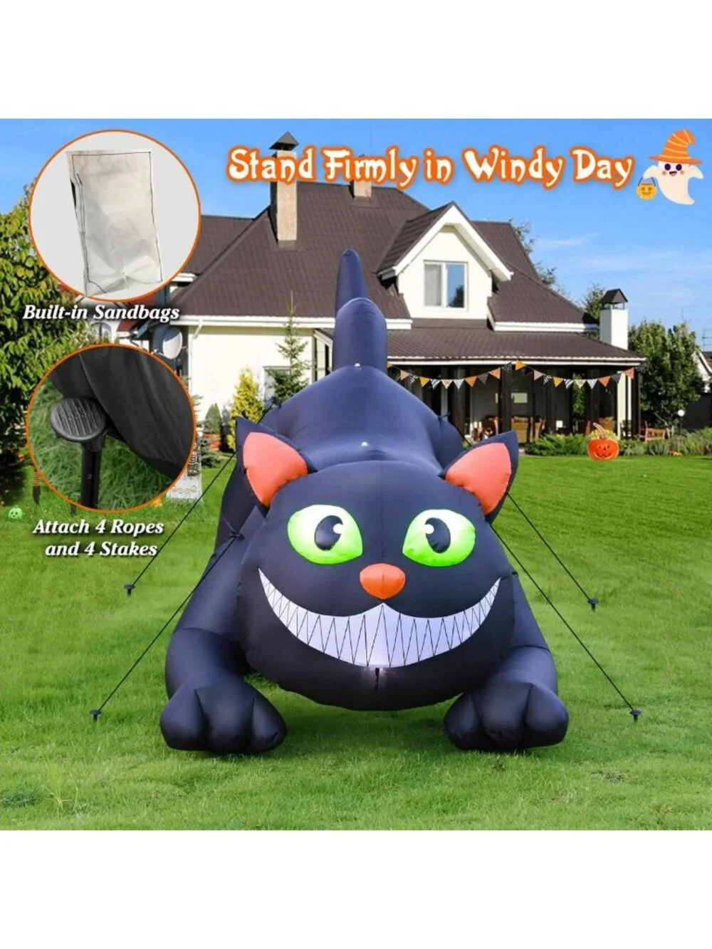 7 FT Inflatable Black Cat Halloween Yard Decor with LED Lights - Easy Setup for